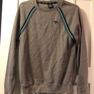 Grey Pink crew neck with blue and black stripes